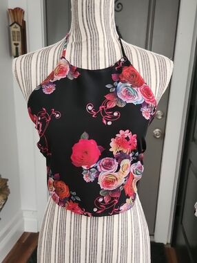 Women's Floral Halter Top- Black with Multicolor Roses
